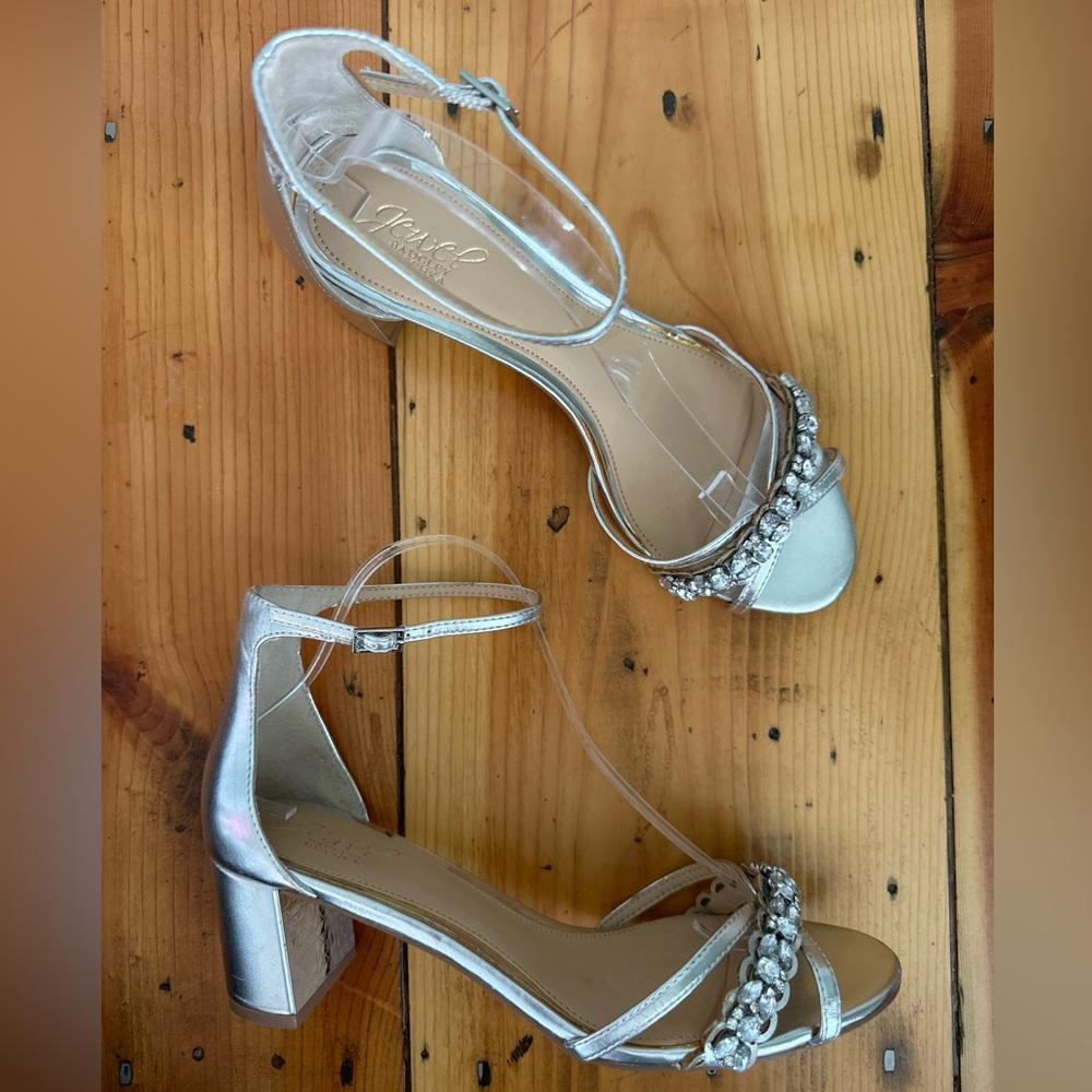 Badgley Mischka Silver Metallic Jeweled Block Heel Sandals